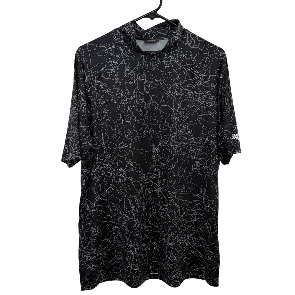 PXG Shirt Mens Medium Black White Topo Skull Print Short Sleeve Golf Mock Neck *
